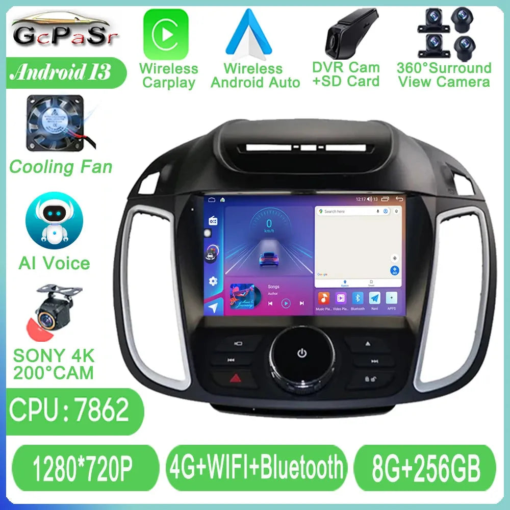 Autoradio Android 14 Ford Kuga C-Max Escape -4G_64 - Camera Hd 1080P | Écran Tactile | CarPlay | Bluetooth | GPS
