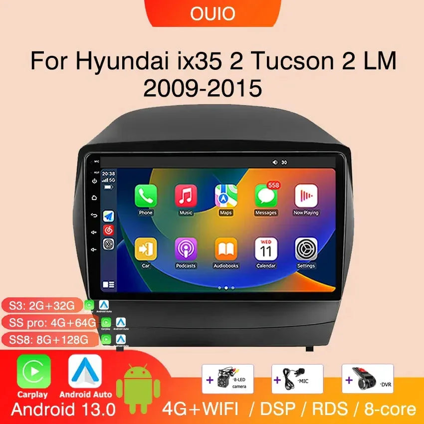 Autoradio Hyundai Tucson 2/Ix35 2009-2015/6G-128 Android 13 | Android 14 | Écran Tactile | CarPlay | Bluetooth | GPS