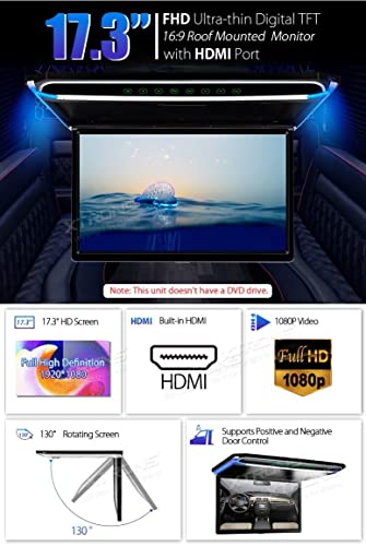 Écran TFT 17.3" Full HD 1080P – Lecteur de Toit Voiture avec Casque IR Noir