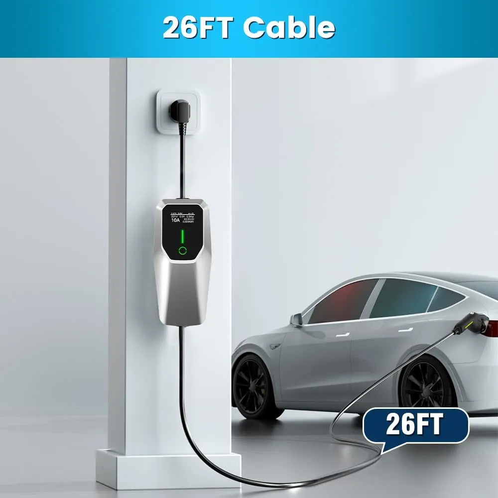 Chargeur EV portable 240 V 32 A (7,68 kW) avec câble de 26 pieds, fiches NEMA 14-50 et 5-15, station de charge SAE-J1772 niveaux 1 et 2