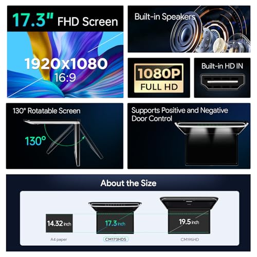 Écran TFT 17.3" Full HD 1080P – Lecteur de Toit Voiture avec Casque IR Noir