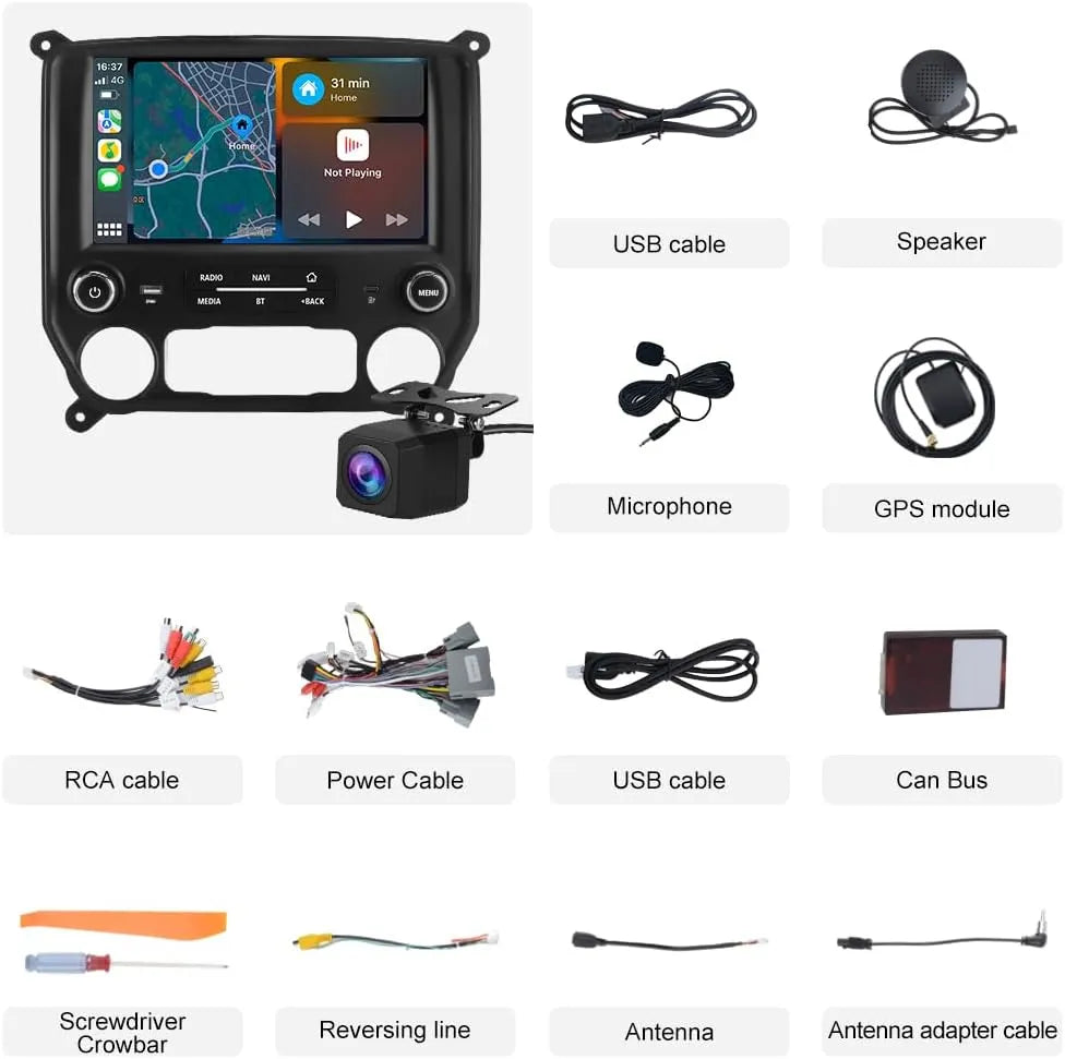 Autoradio 4+64G pour Chevrolet Silverado GMC Sierra 2014-2018 : Android 13, CarPlay sans fil, Android Auto, Bluetooth, Navigation GPS.