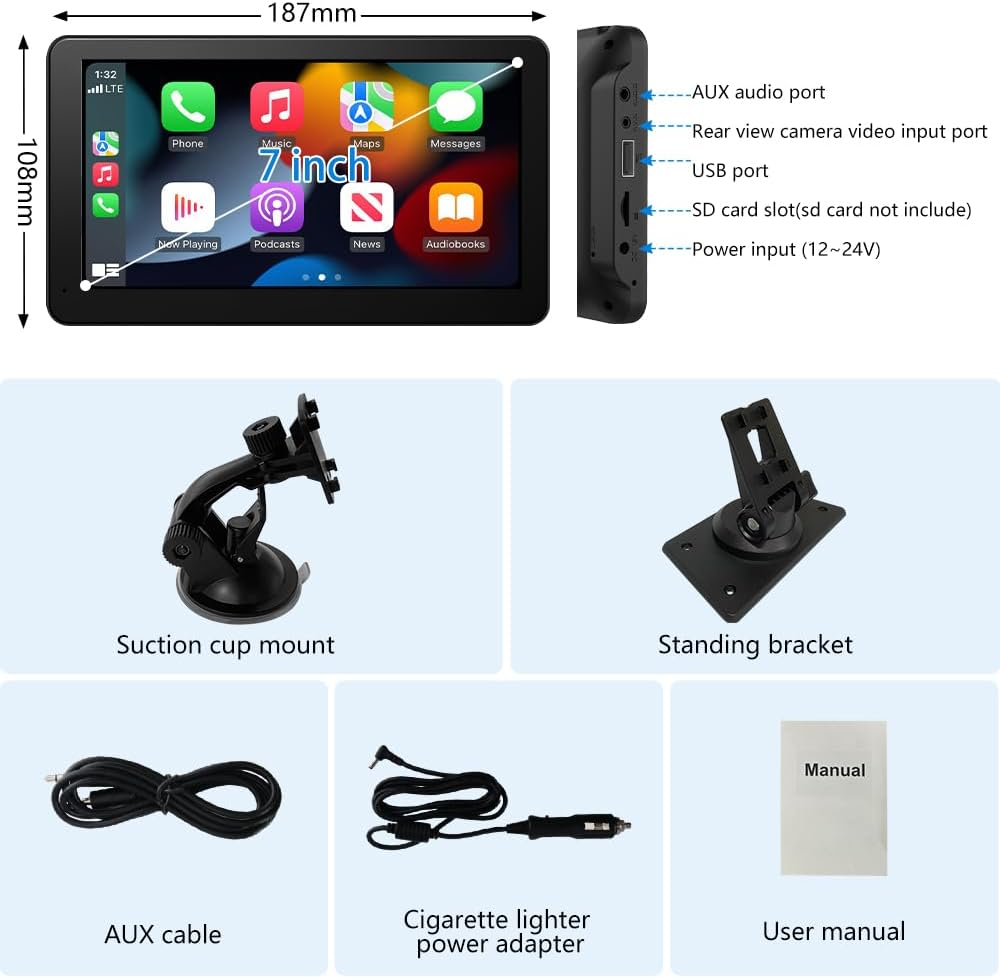 Stéréo de voiture portable HD 7" : compatible Apple Carplay et Android Auto sans fil, commande vocale, Mirror Link, Bluetooth, navigation GPS - Récepteur audio de voiture