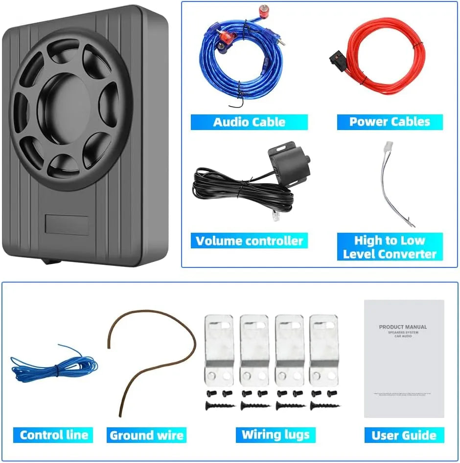 Junsun Caisson de basses de voiture 10" 800 W avec amplificateur intégré, 220 W RMS, 20 Hz-150 Hz, fin sous le siège, entrée haute/basse, parfait pour les voitures/camions, modèle 2025 (kit de fil de montage inclus)
