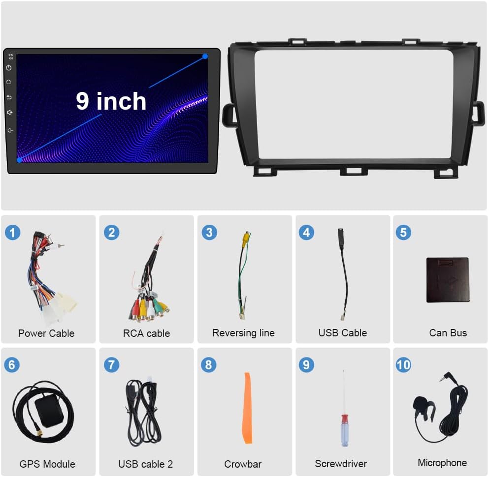 Autoradio 9" Android 13 pour Toyota Prius (2010-2015) - Radio à écran tactile avec CarPlay sans fil, Android Auto, Bluetooth, WiFi, navigation GPS