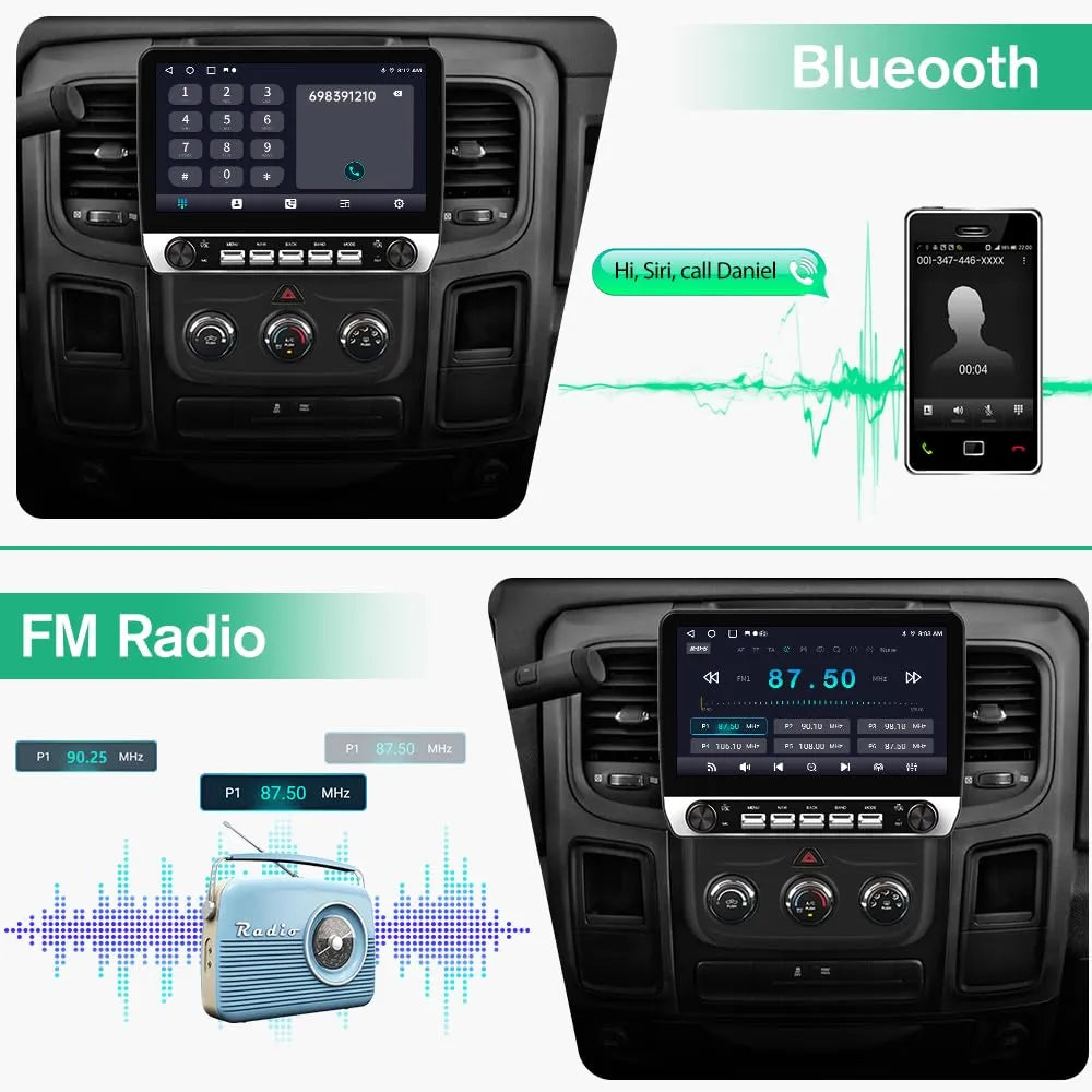 Autoradio Dodge Ram 2013-2019 : 9", CarPlay/Android Auto, 2 Go de RAM, 32 Go de ROM, DSP, Bluetooth, GPS, FM, WiFi, climatisation automatique pour modèles 1500/2500/3500.
