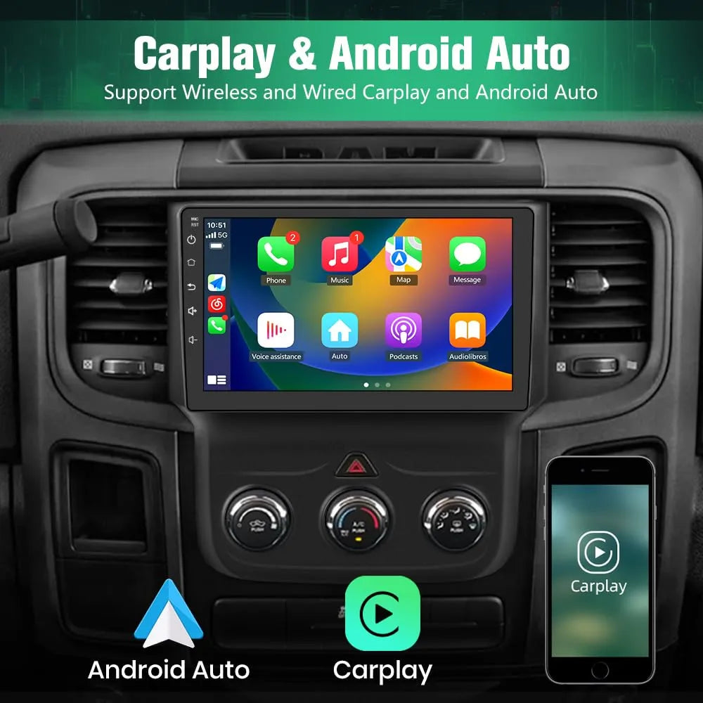 Autoradio Android 13 4G+64G pour Dodge RAM 1500-3500 (2013-2018) avec CarPlay, Android Auto, Bluetooth, GPS, WiFi, processeur Qualcomm