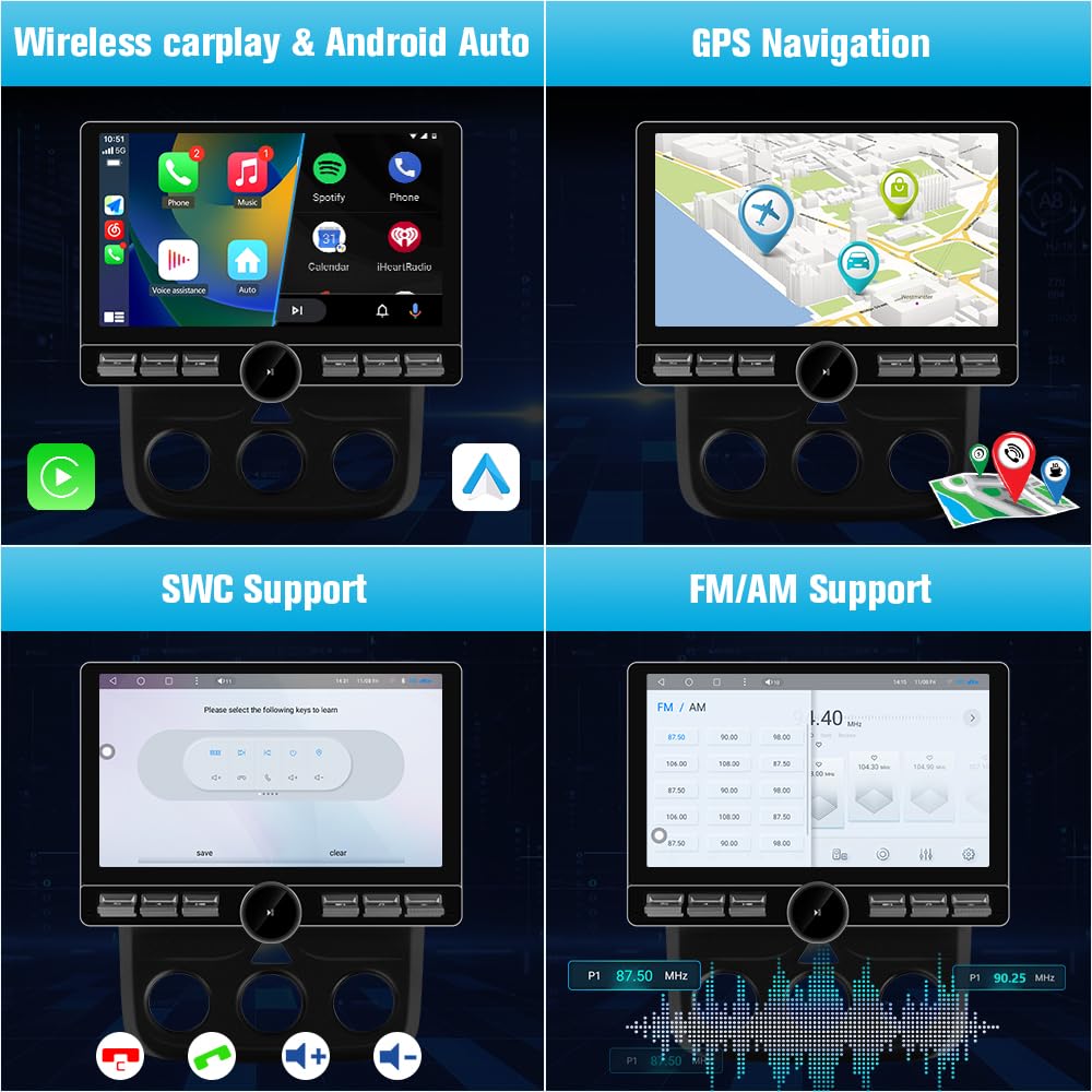 Autoradio Android pour Dodge Ram 2013-2019 : écran 10,6", 4G+64G Qualcomm 6215, Carplay/Android Auto, BT/WiFi/GPS/AM/FM/SWC/4G (SIM non inclus), AUTO AC