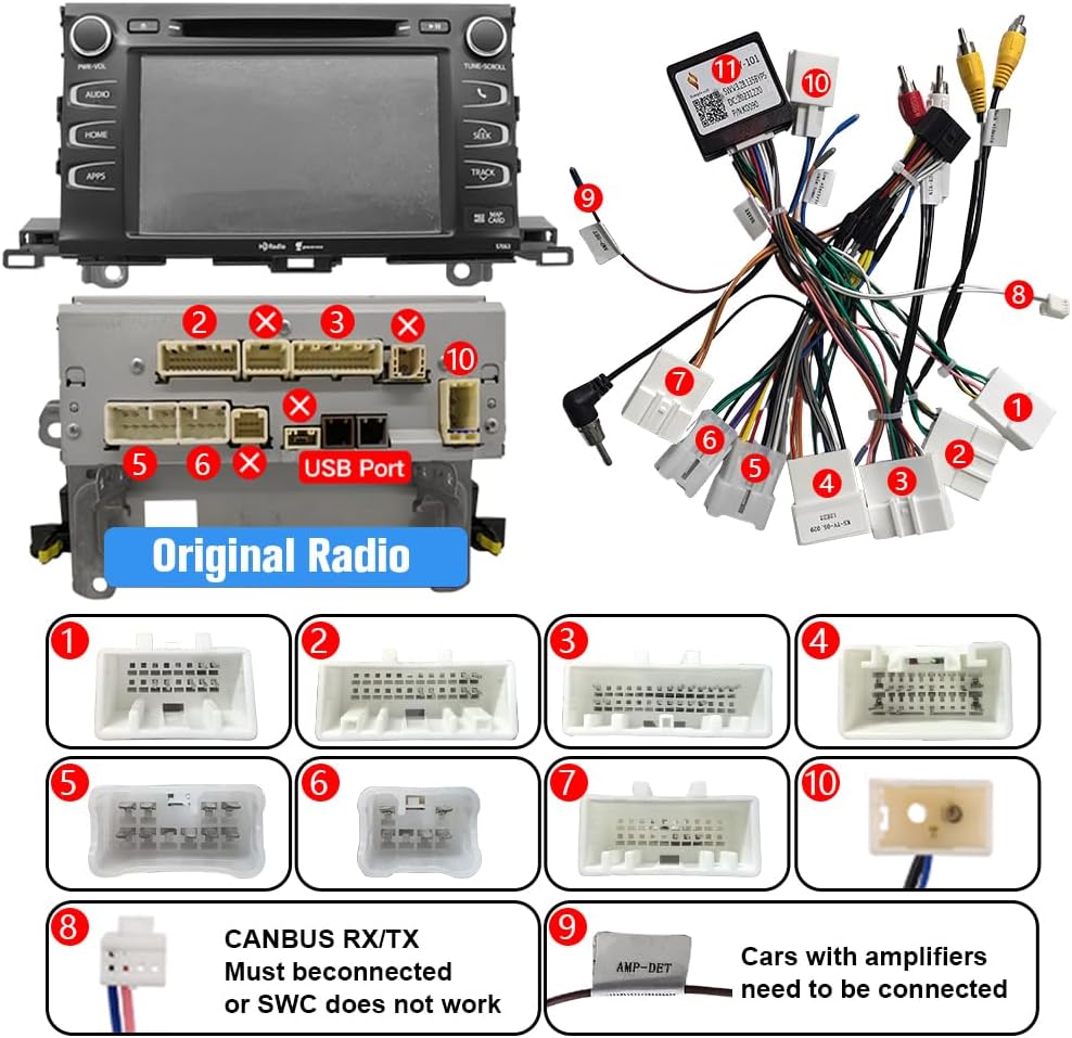 Autoradio Toyota Highlander 2014-2019 : Carplay/Android Auto intégré, 4G RAM, 64G ROM, WiFi, GPS, BT, DSP 48-EQ, SWC, radio AM/FM