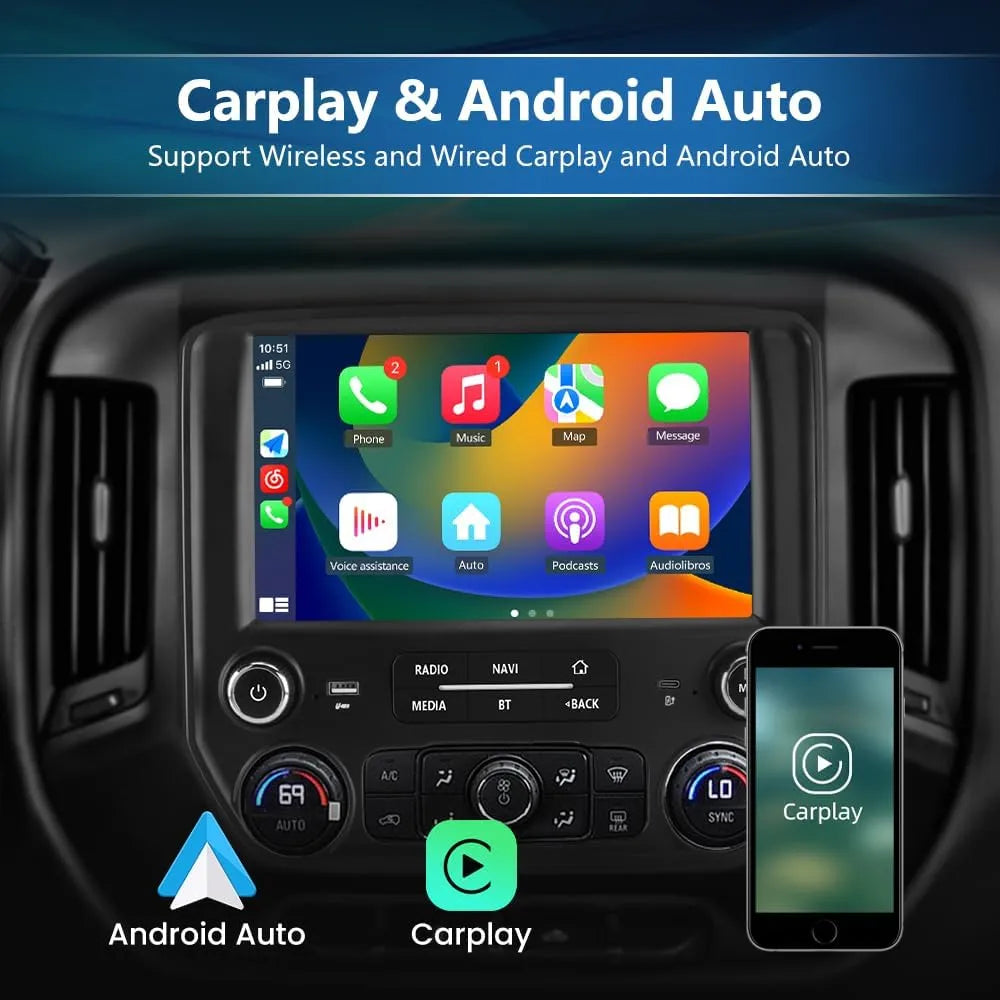 Autoradio 4+64G pour Chevrolet Silverado GMC Sierra 2014-2018 : Android 13, CarPlay sans fil, Android Auto, Bluetooth, Navigation GPS.
