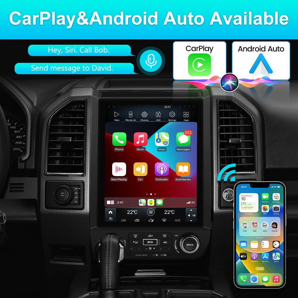 Autoradio Android 12 pour Ford F150 2015-2020 : écran style T 12", GPS, CarPlay sans fil, Android Auto, commandes de direction, WiFi, Bluetooth, mise à niveau radio 4G + 64 Go