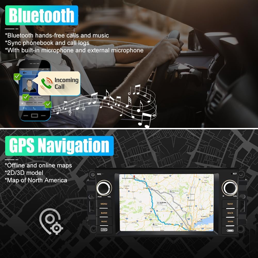 Stéréo de voiture Android pour Jeep Wrangler/Chrysler/Dodge Ram 1500 2007-2018 : écran tactile 7", CarPlay sans fil, WiFi, GPS, radio FM, caméra de recul
