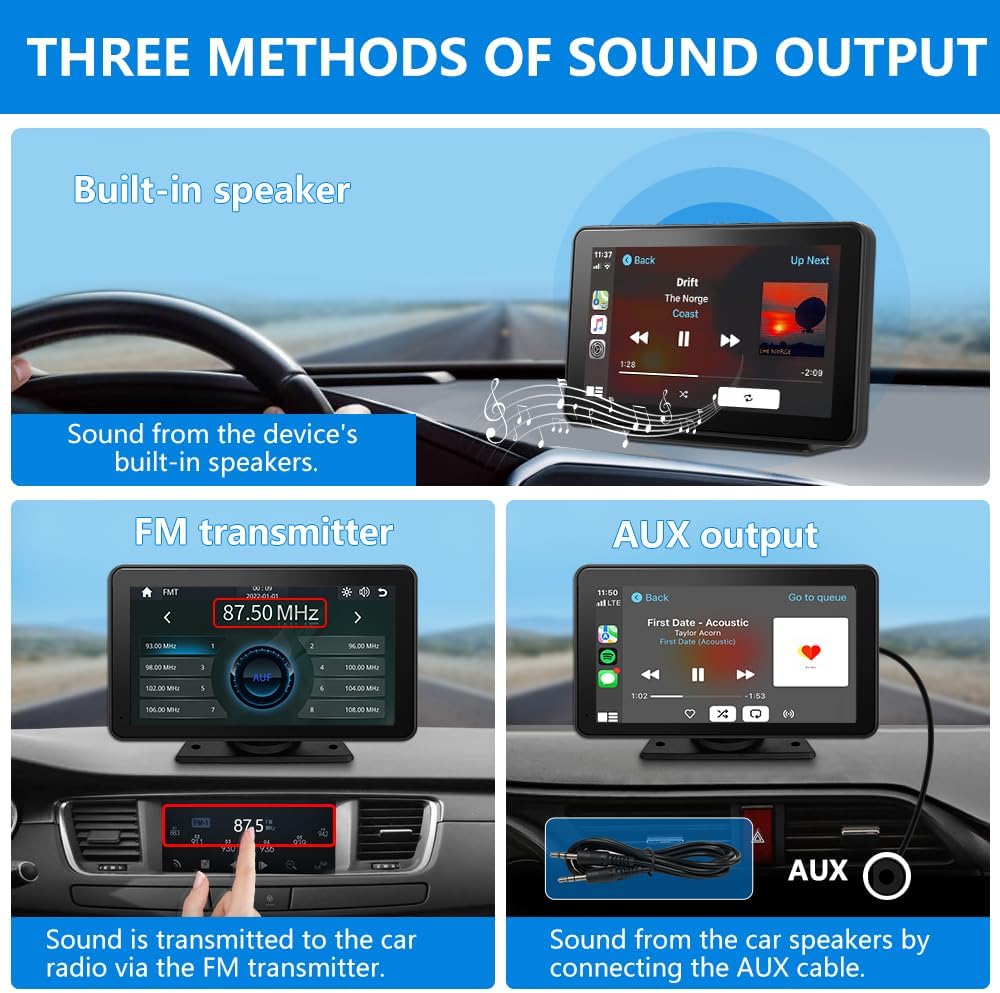 Stéréo de voiture portable HD 7" : compatible Apple Carplay et Android Auto sans fil, commande vocale, Mirror Link, Bluetooth, navigation GPS - Récepteur audio de voiture
