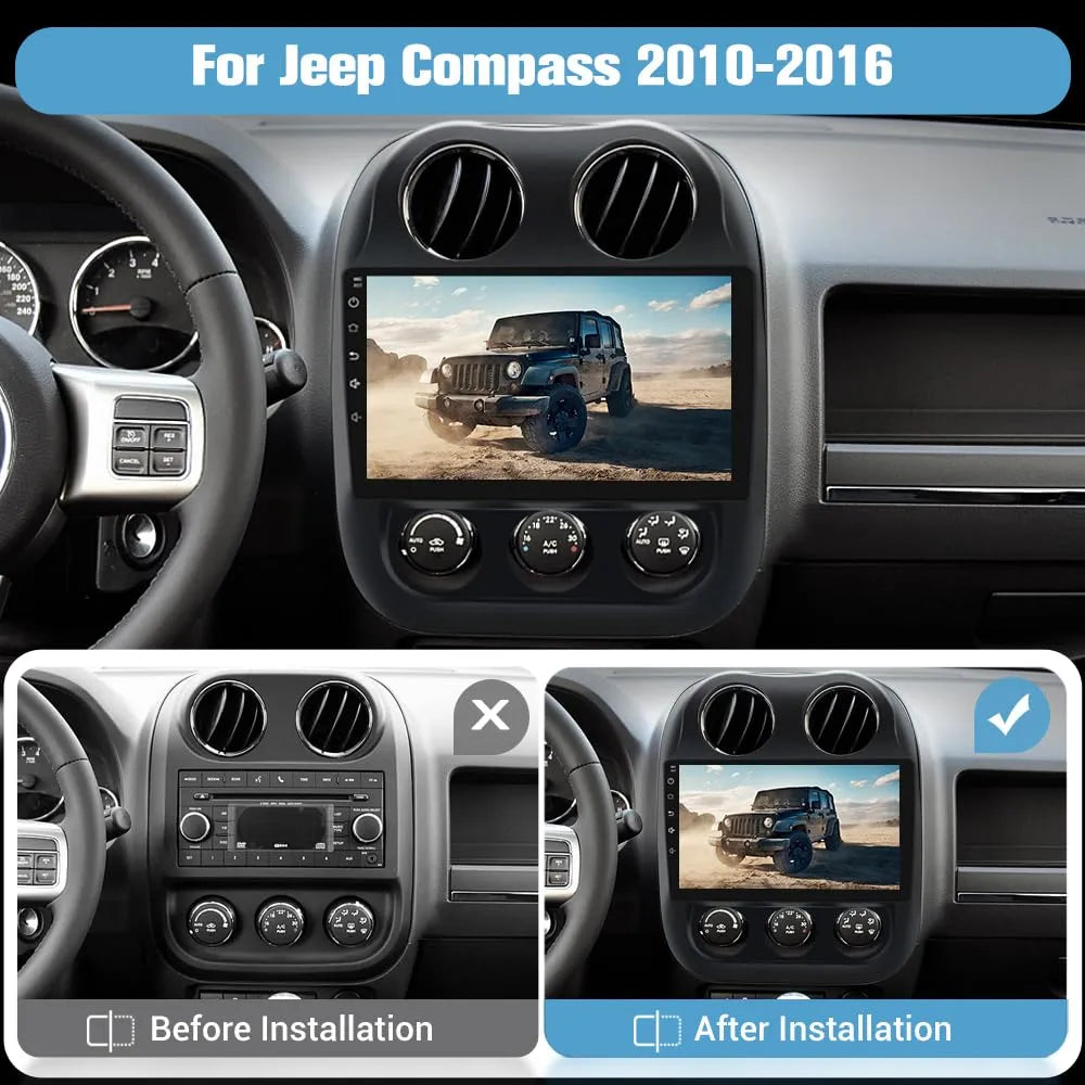 Stéréo de voiture à écran tactile 2G+64G 10" pour Jeep Compass/Patriot 2010-2016, Android 13, CarPlay, Android Auto, Bluetooth, navigation GPS