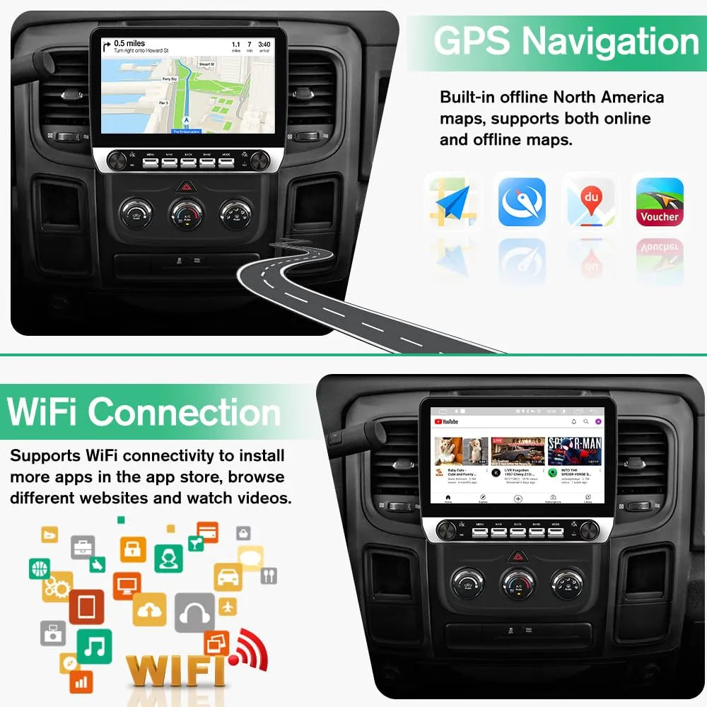 Autoradio Dodge Ram 2013-2019 : 9", CarPlay/Android Auto, 2 Go de RAM, 32 Go de ROM, DSP, Bluetooth, GPS, FM, WiFi, climatisation automatique pour modèles 1500/2500/3500.