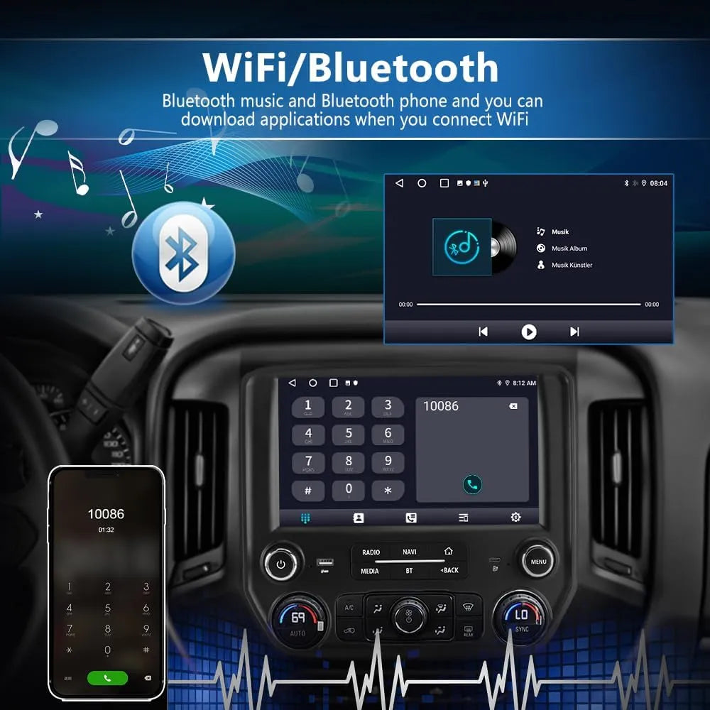 Autoradio 4+64G pour Chevrolet Silverado GMC Sierra 2014-2018 : Android 13, CarPlay sans fil, Android Auto, Bluetooth, Navigation GPS.