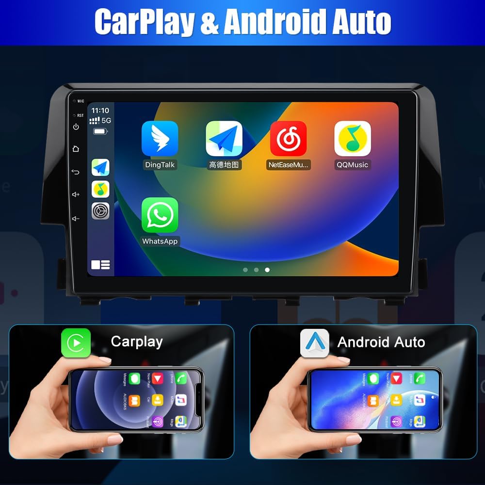 Autoradio Honda Civic 2016-2020 Android 12 : média à écran tactile avec CarPlay, Android Auto, navigation GPS, prise en charge de l'appareil photo, 2 Go de RAM, 32 Go de ROM