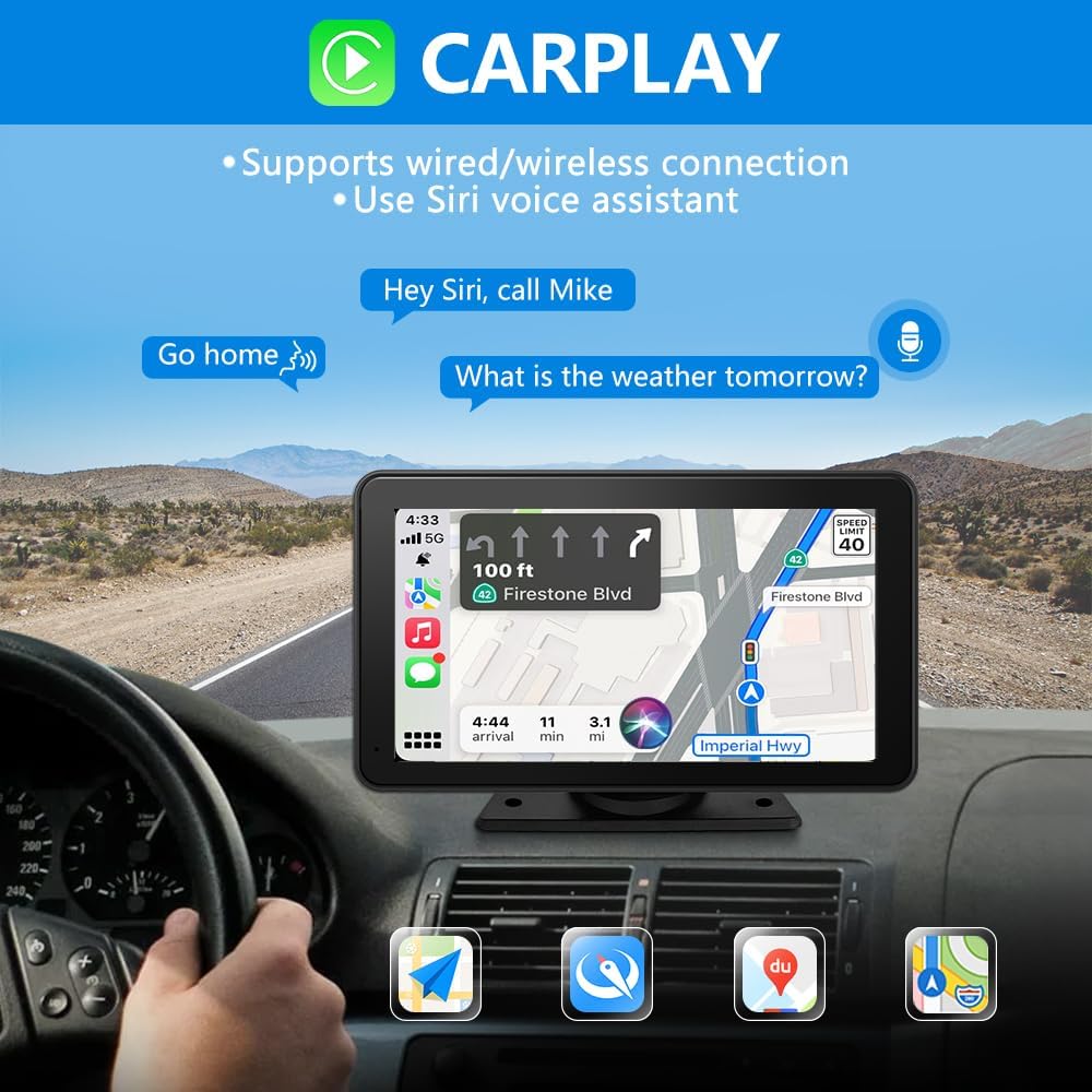 Stéréo de voiture portable HD 7" : compatible Apple Carplay et Android Auto sans fil, commande vocale, Mirror Link, Bluetooth, navigation GPS - Récepteur audio de voiture