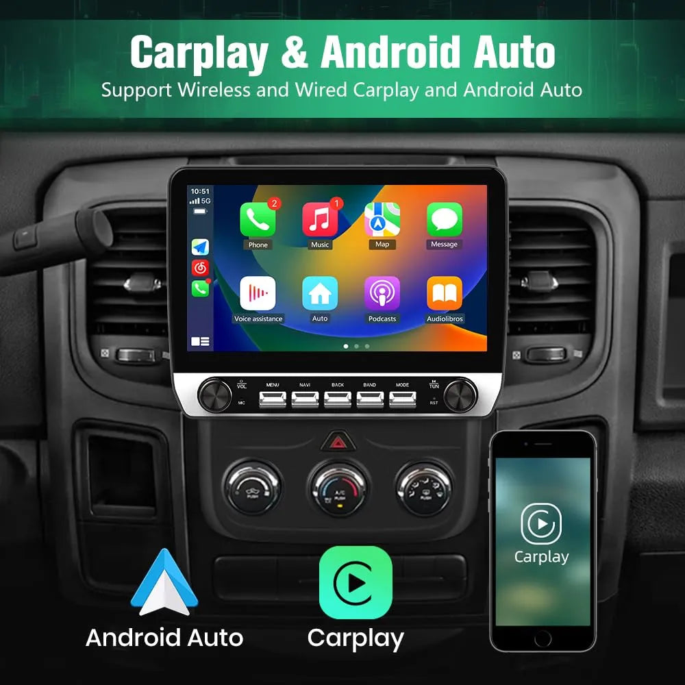 Autoradio Dodge Ram 2013-2019 : 9", CarPlay/Android Auto, 2 Go de RAM, 32 Go de ROM, DSP, Bluetooth, GPS, FM, WiFi, climatisation automatique pour modèles 1500/2500/3500.