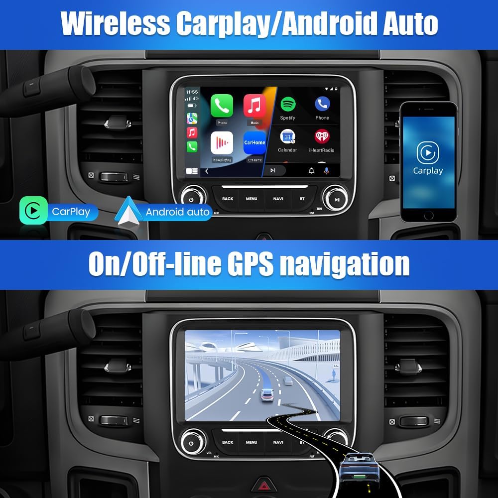 Autoradio Android 13 pour Dodge RAM 2013-2019 : stéréo à écran tactile 7" avec Carplay/Android Auto, GPS, WiFi, Bluetooth, FM/AM, DSP, SWC, caméra de recul