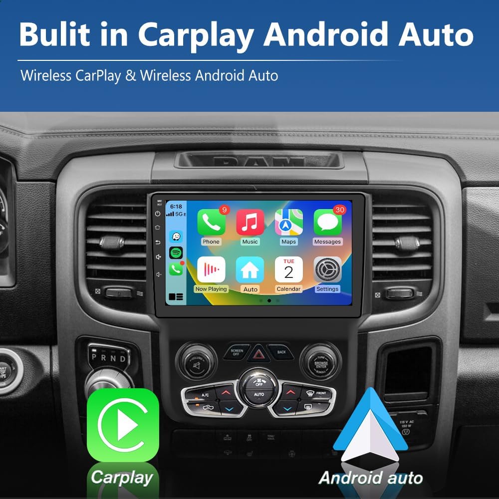 Autoradio Android 12.0 pour Dodge Ram 1500-3500 (2013-2018) Auto AC, écran tactile 9", 2+64 Go, CarPlay sans fil/Android Auto, Bluetooth/GPS/WiFi