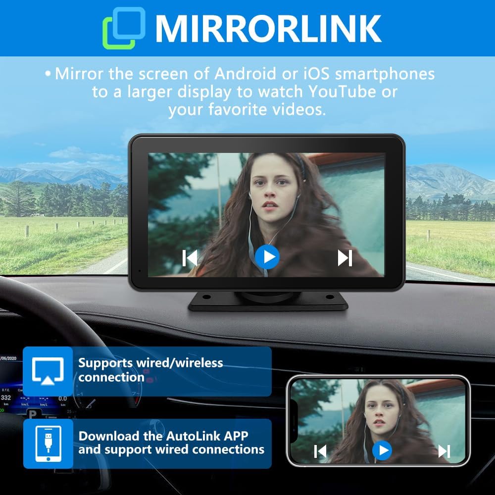 Stéréo de voiture portable HD 7" : compatible Apple Carplay et Android Auto sans fil, commande vocale, Mirror Link, Bluetooth, navigation GPS - Récepteur audio de voiture