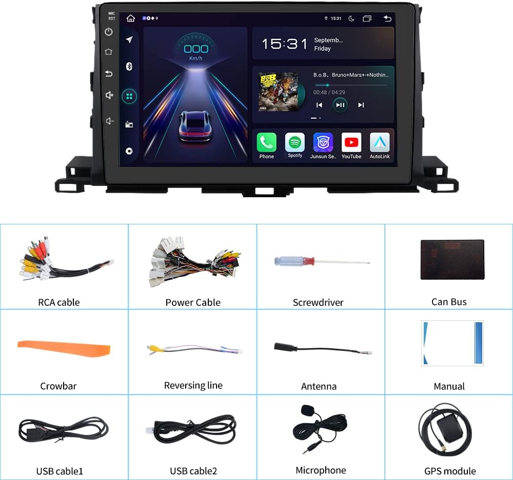 Autoradio Toyota Highlander 2014-2019 : Carplay/Android Auto intégré, 4G RAM, 64G ROM, WiFi, GPS, BT, DSP 48-EQ, SWC, radio AM/FM