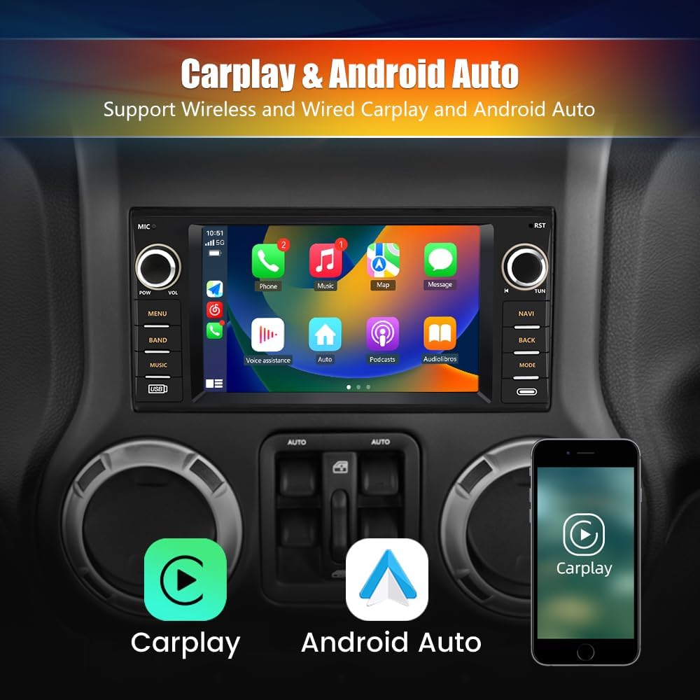Autoradio pour Jeep Wrangler JK, Chrysler Dodge Ram 1500, écran tactile 7" avec CarPlay sans fil, Android Auto, WiFi, radio FM, caméra de recul