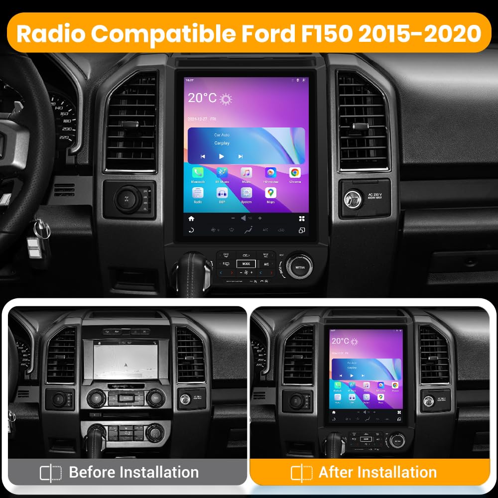 Autoradio 4+64G 12,1" pour Ford F150 2015-2021, Android 13, CarPlay sans fil, Android Auto, DSP, Bluetooth, Navigation GPS