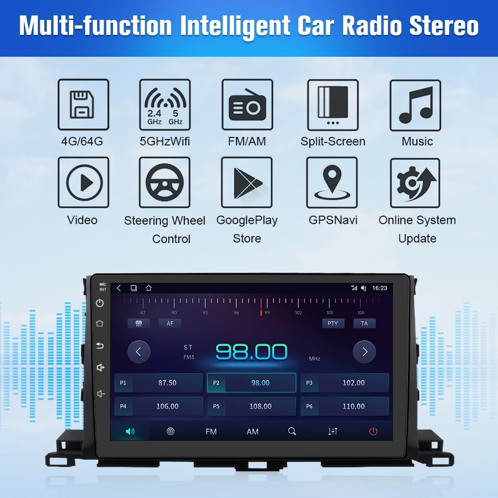 Autoradio Toyota Highlander 2014-2019 : Carplay/Android Auto intégré, 4G RAM, 64G ROM, WiFi, GPS, BT, DSP 48-EQ, SWC, radio AM/FM