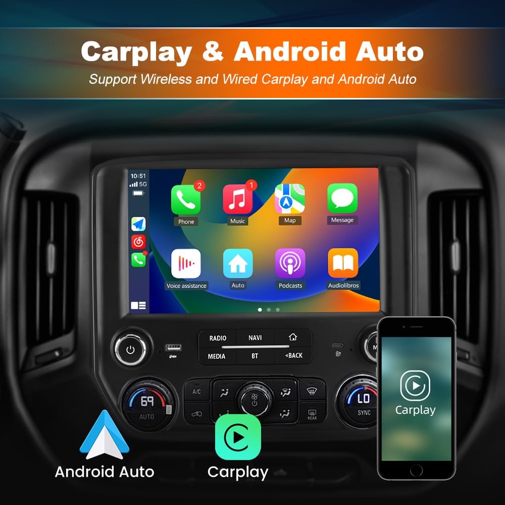 Autoradio stéréo Android 13 pour Chevrolet Silverado/GMC Sierra 2014-2018 avec CarPlay sans fil, Android Auto, Bluetooth