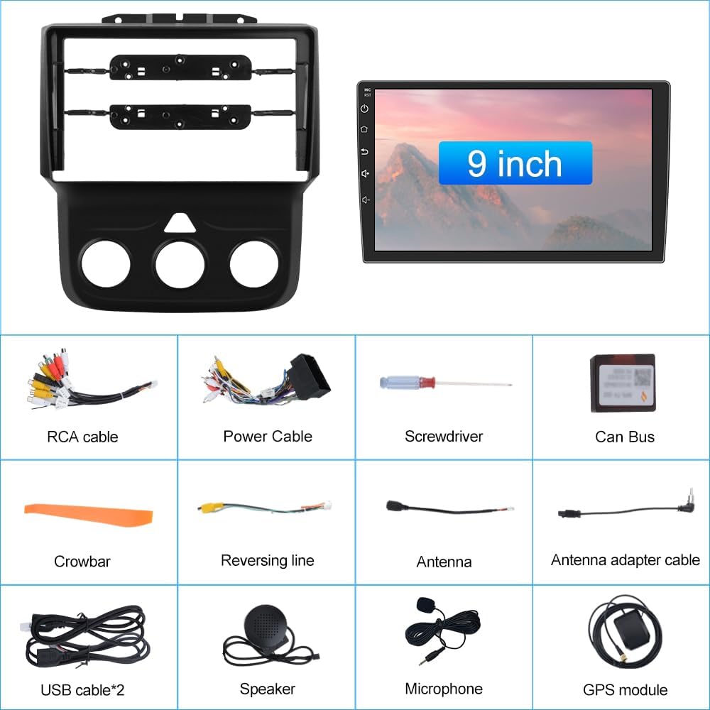 Stéréo de voiture Android pour Dodge RAM 1500-3500 (2013-2018) avec CarPlay sans fil et Android Auto, 2 + 32 Go, remplacement manuel de la radio compatible AC