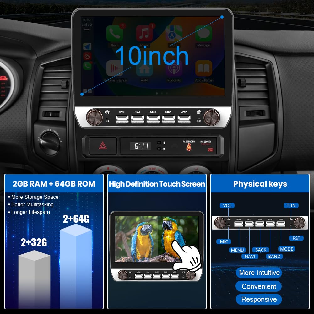 Autoradio Android 10" pour Toyota Tacoma 2005-2015, 2 Go de RAM, 64 Go de ROM, CarPlay/Android Auto, Bluetooth, WiFi, GPS, FM/AM, sans caméra