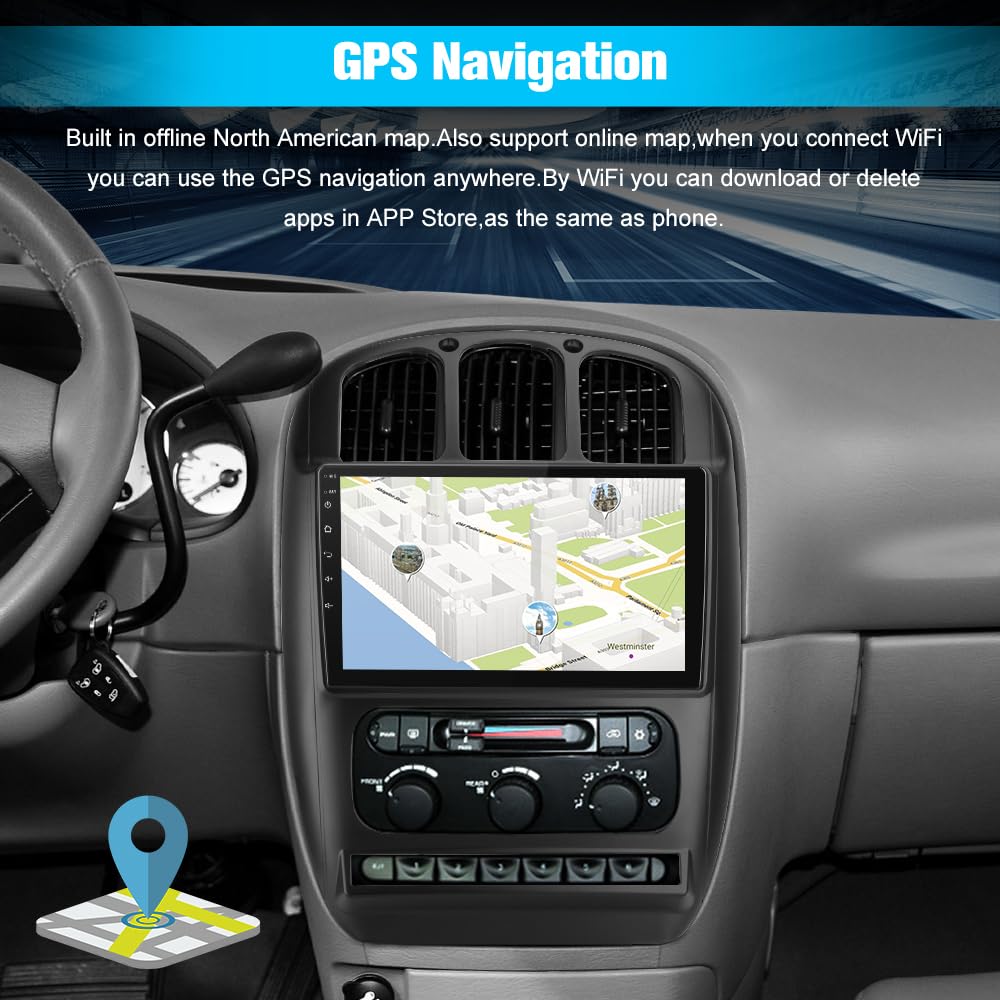 Autoradio 10,1" pour Dodge Caravan/Chrysler Town & Country (2001-2007), 2+64 Go, Android 12, CarPlay, Android Auto, Bluetooth, DSP, navigation GPS