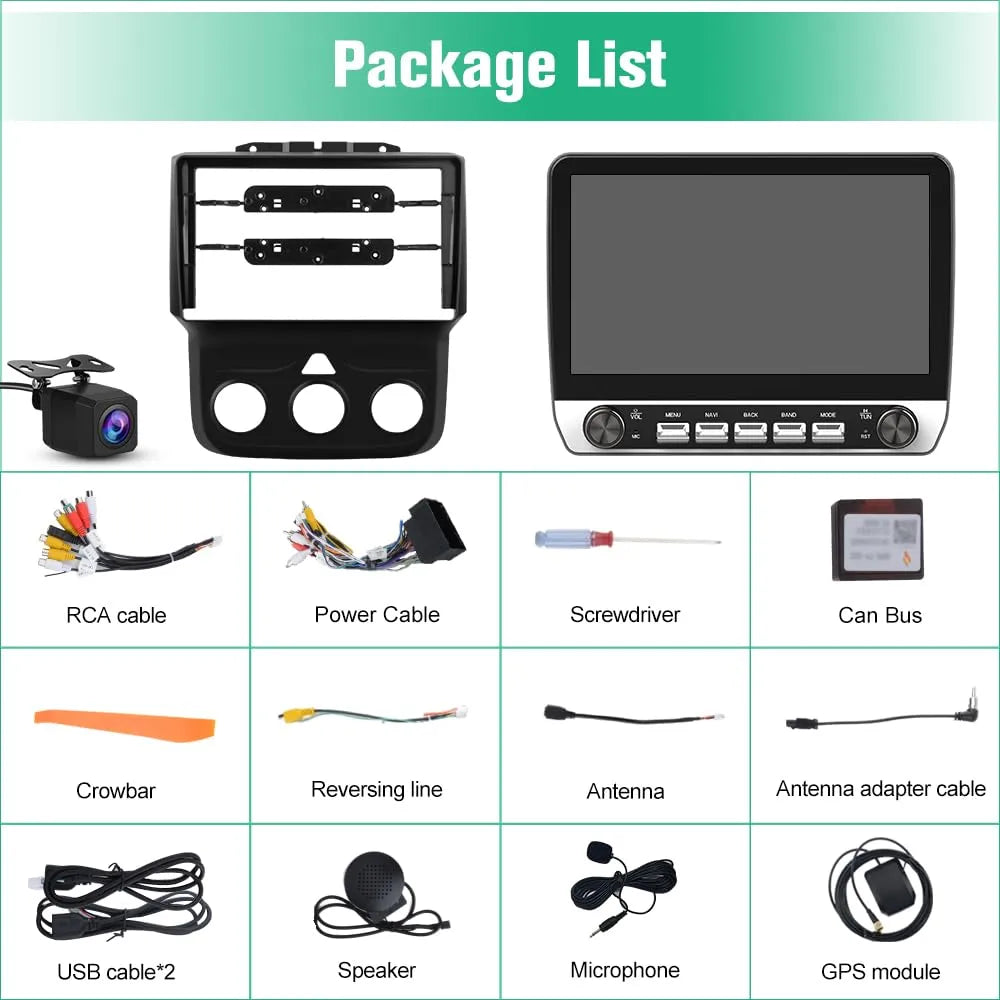 Autoradio Dodge Ram 2013-2019 : 9", CarPlay/Android Auto, 2 Go de RAM, 32 Go de ROM, DSP, Bluetooth, GPS, FM, WiFi, climatisation automatique pour modèles 1500/2500/3500.