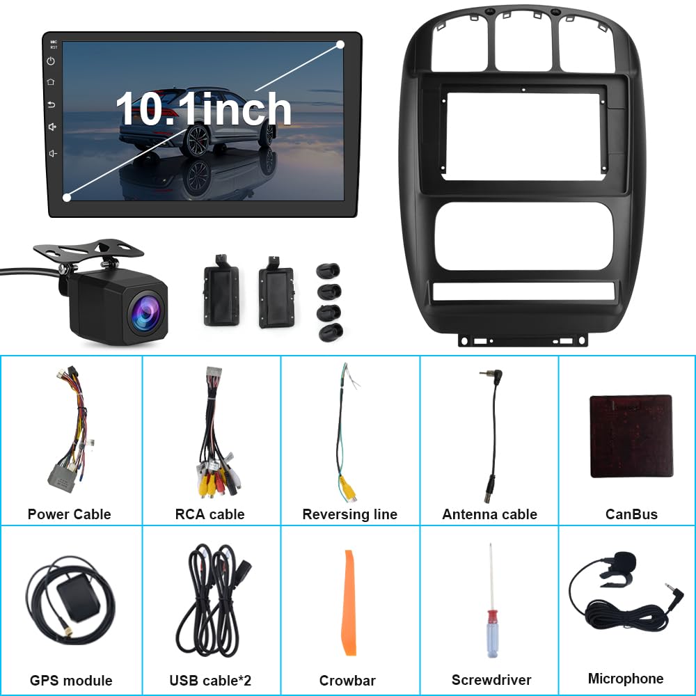 Autoradio 10,1" pour Dodge Caravan/Chrysler Town & Country (2001-2007), 2+64 Go, Android 12, CarPlay, Android Auto, Bluetooth, DSP, navigation GPS