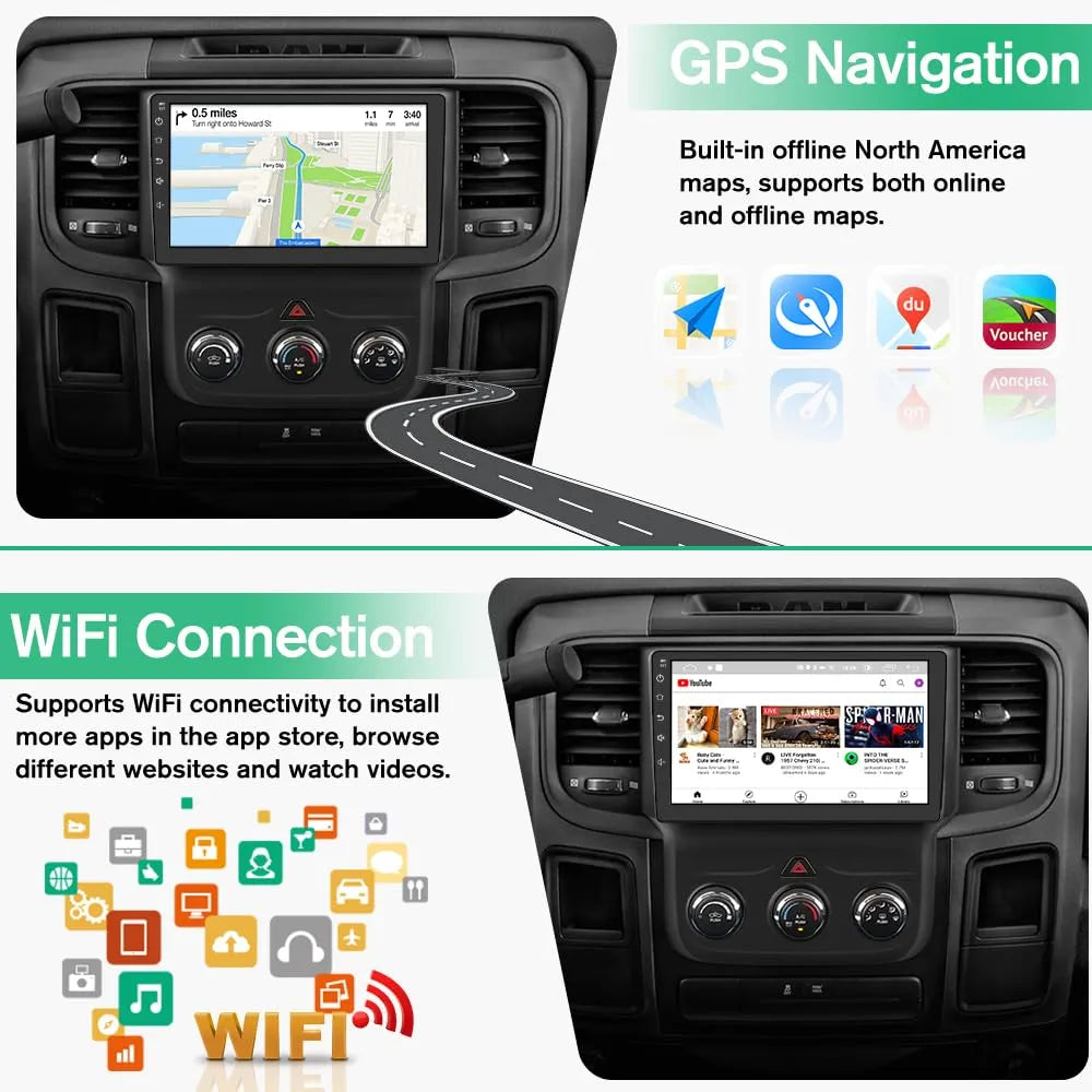 Autoradio Android 13 4G+64G pour Dodge RAM 1500-3500 (2013-2018) avec CarPlay, Android Auto, Bluetooth, GPS, WiFi, processeur Qualcomm