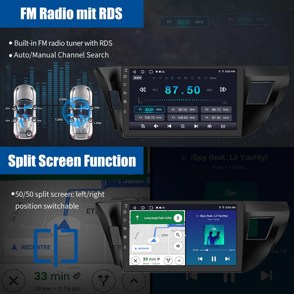 Autoradio Android 13 pour Toyota Corolla 2014-2016 avec CarPlay et Android Auto