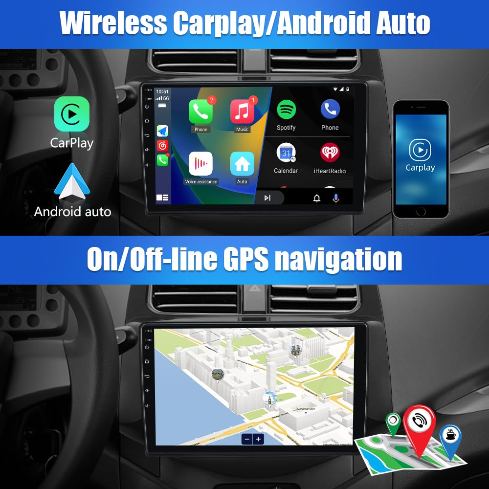 Autoradio Chevrolet Spark 2013-2015 : écran tactile Android 12 de 9", Android Auto/CarPlay sans fil, 2G+32G, SWC, WiFi, GPS, DSP, Bluetooth
