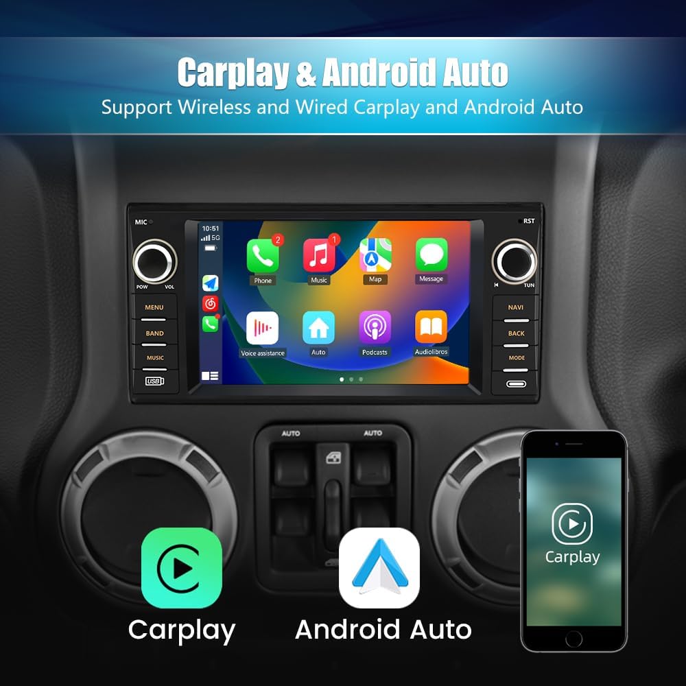 Autoradio 7" Android 13 pour Jeep/Dodge/Chrysler : écran tactile, CarPlay sans fil, Android Auto, caméra de recul