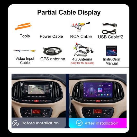 Autoradio Fiat Doblo Maxi -4G_64 - Android 14 - Camera Hd 1080P | Écran Tactile | CarPlay | Bluetooth | GPS