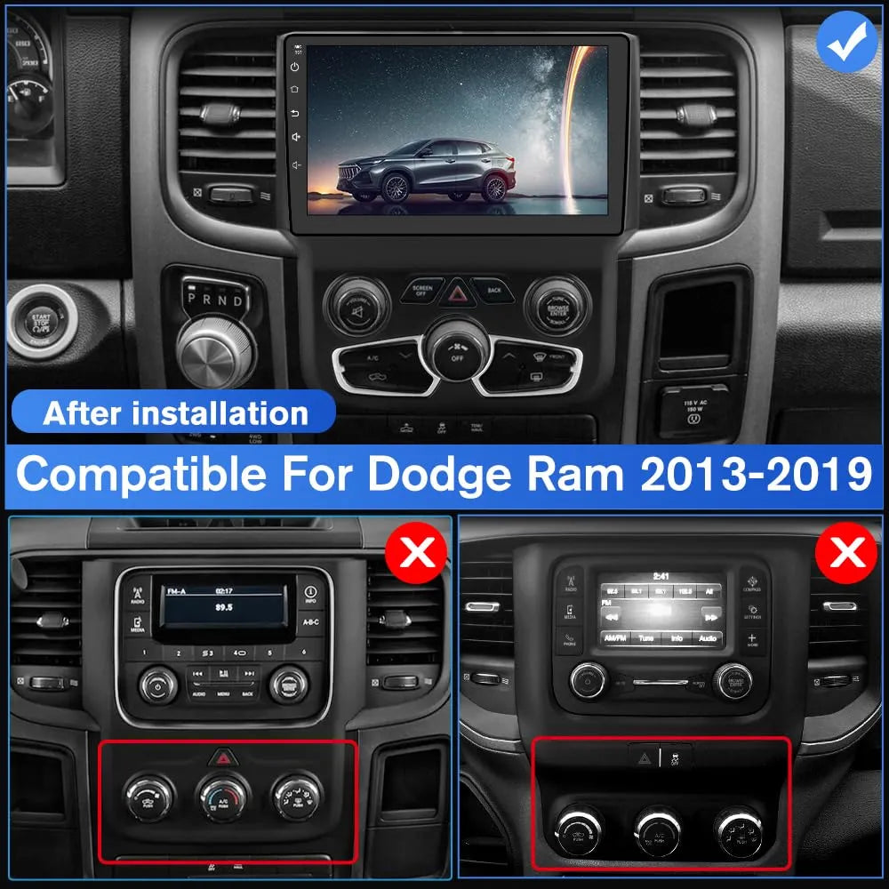 Autoradio Dodge Ram 2013-2019 : 9", CarPlay/Android Auto, 2 Go de RAM, 32 Go de ROM, DSP, Bluetooth, GPS, FM, WiFi, climatisation automatique pour modèles 1500/2500/3500.