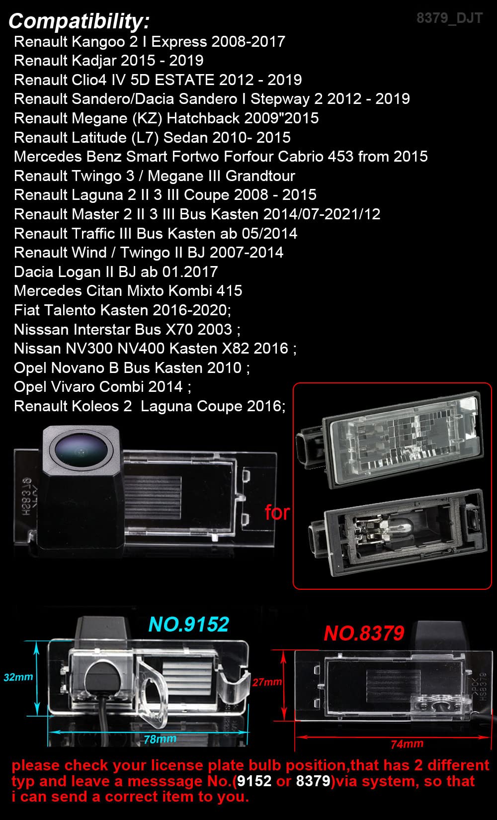 Caméra de Recul – Compatible Renault Kangoo, Clio 4, Kadjar, Sandero, Dacia Mégane, Fiat et MB Smart