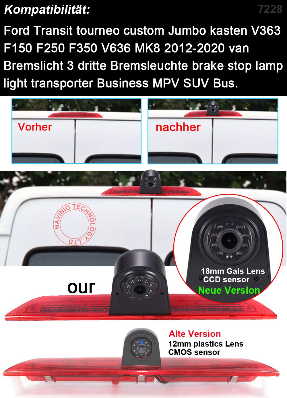 1280 * 720 Voiture Troisième monté sur Le Toit Haut caméra lumière de Frein Vue arrière Voiture de Vision caméra de Recul pour Ford Transit Tourneo Custom Jumbo V363 F150 F250 F350 V636 MK8 2012-2020