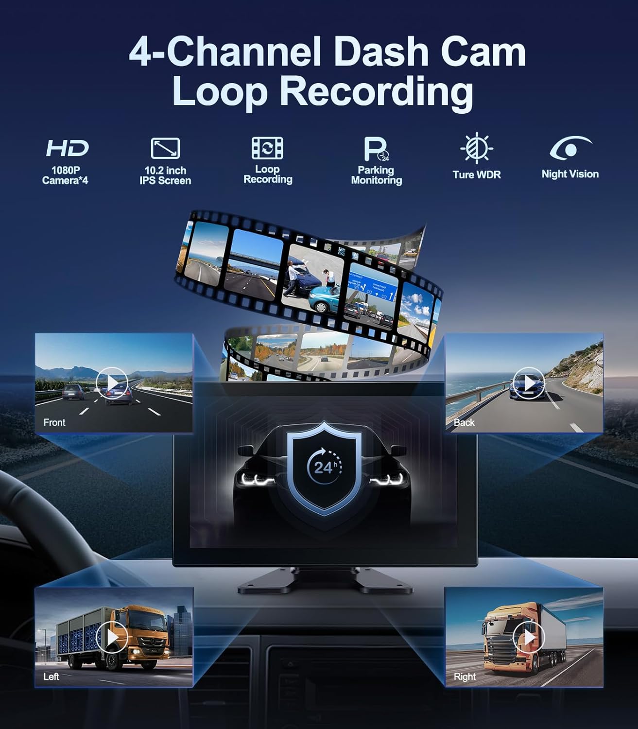 Kit Caméras 4K 1080P 4 Canaux avec Écran Tactile 10.2" pour Camions, Bus & Caravanes – Vision 360°, Enregistrement 5 Canaux, Étanche IP69, Bluetooth 5.0, Installation Facile