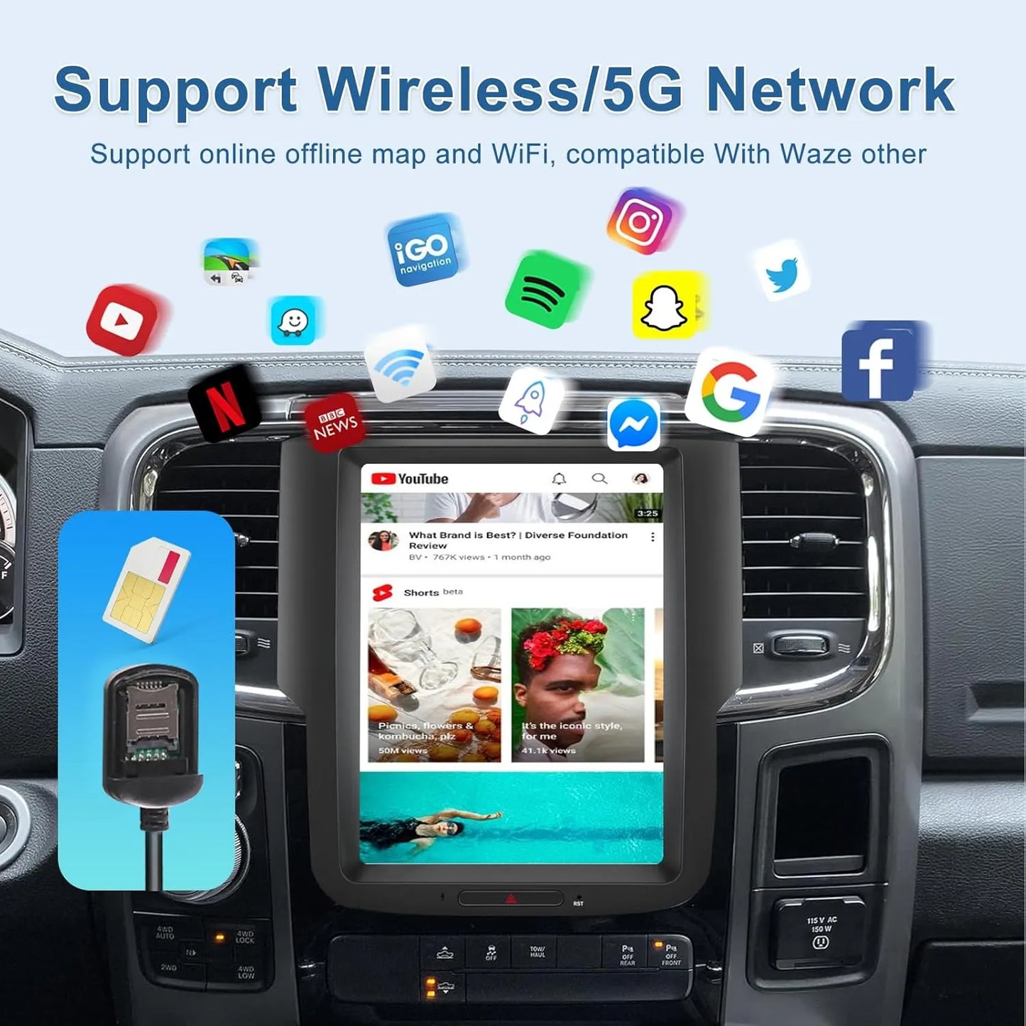 Autradio Android de style T 10,4" pour Dodge Ram 1500/2500/3500 (2013-2018) - CarPlay, Android Auto, 4G RAM, 64G ROM, WiFi, Bluetooth, SWC, navigation GPS