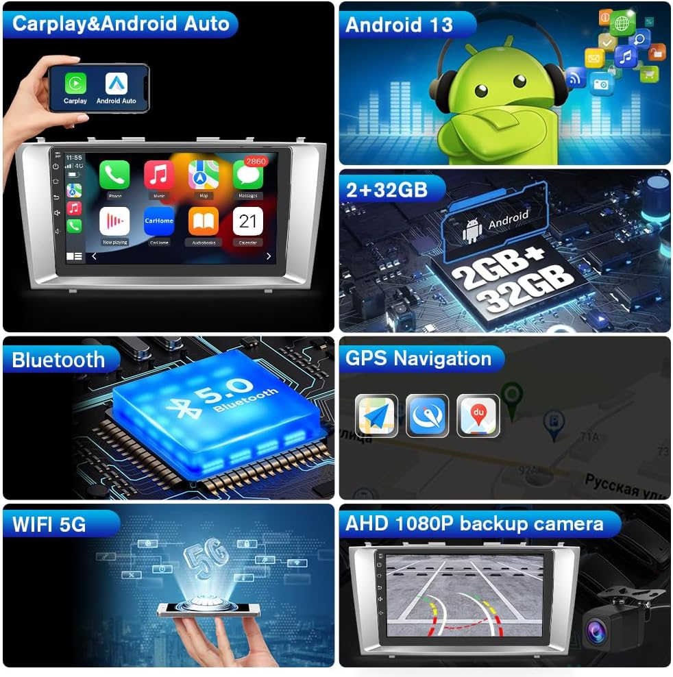Autoradio Android 13 pour Toyota Camry 2006-2011, CarPlay sans fil/Android Auto, 2G+64G, SWC, WiFi, GPS, DSP, BT, FM, caméra de recul