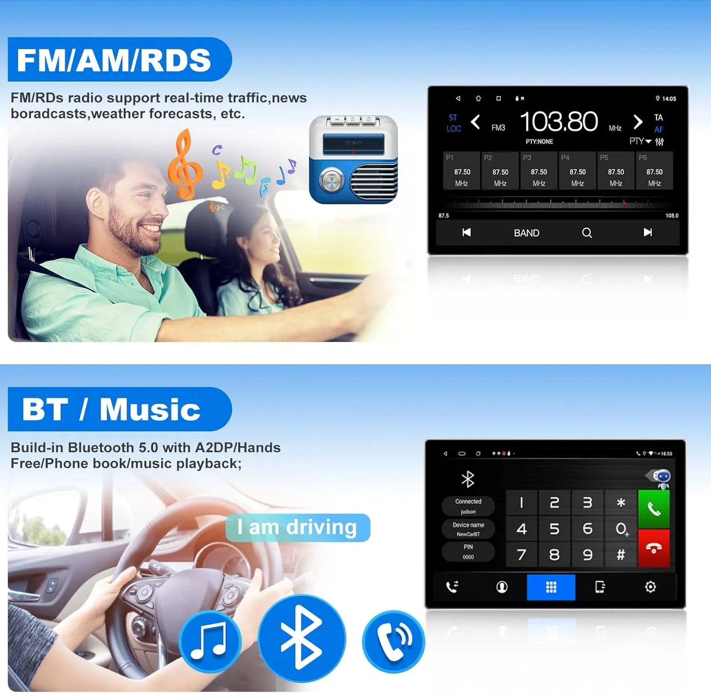 Autoradio android 6+128 Go 13" Double Din Android 13 Autoradio : Octa Core, écran tactile QLED, caméras avant/arrière, Bluetooth, GPS, DSP, AM/FM/RDS, SWC, WiFi