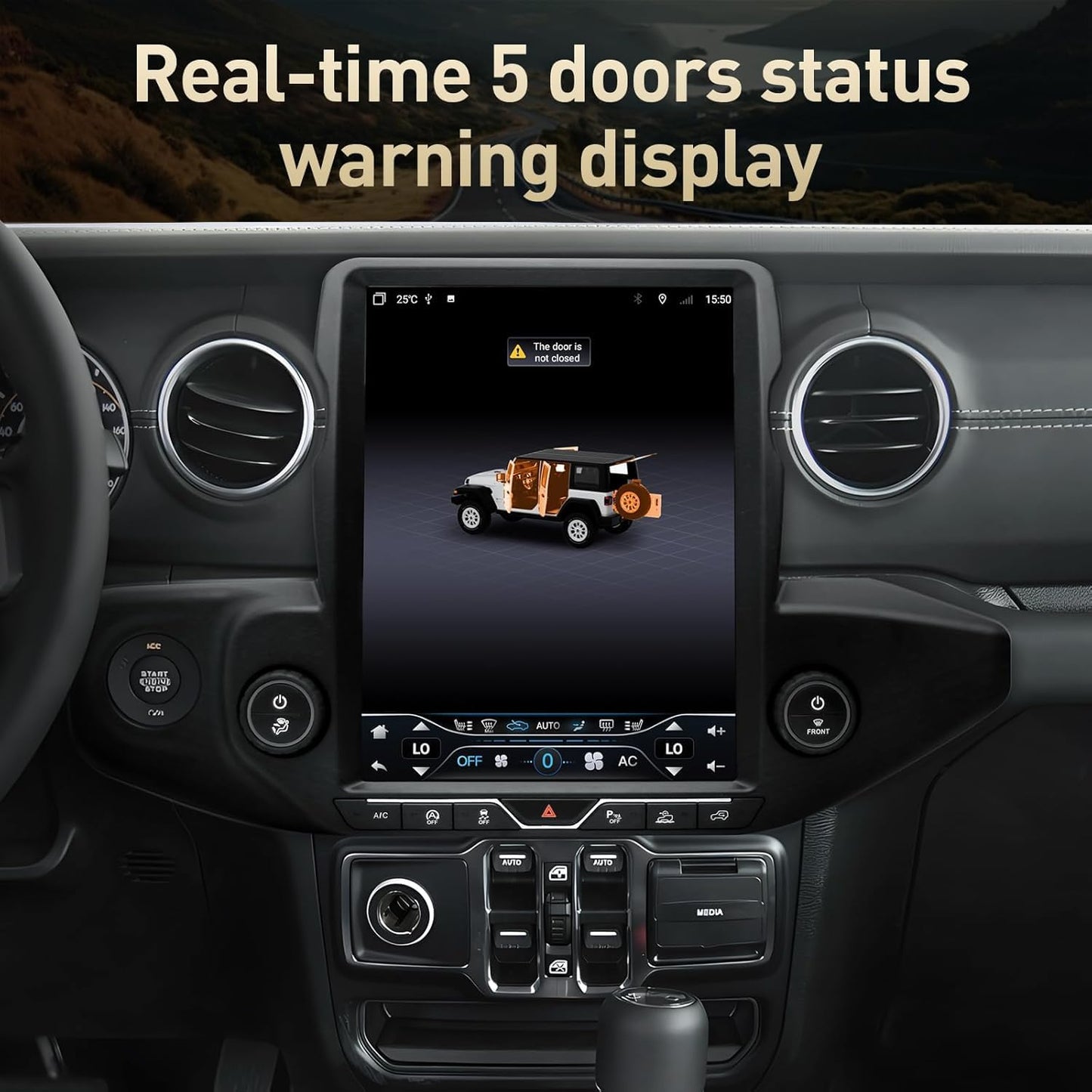 Jeep Wrangler JL/Gladiator 2018-2023 12,1" Android 13 Autoradio : 6 Go + 64 Go, CarPlay sans fil/Android Auto, Bluetooth 5.0, DSP, WiFi, SWC, sortie fibre optique