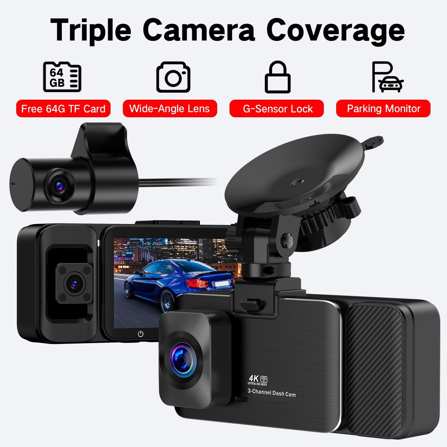 Caméra embarquée 3 canaux 4K avant/intérieur/arrière avec WiFi 5G, écran 3", vision nocturne, mode parking 24H, carte 64Go